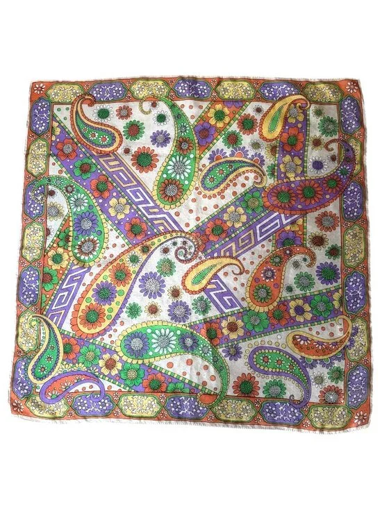 VTG Floral Paisley Print Square Scarf Purple Green Orange Bohemian Style Hippie - Picture 1 of 7